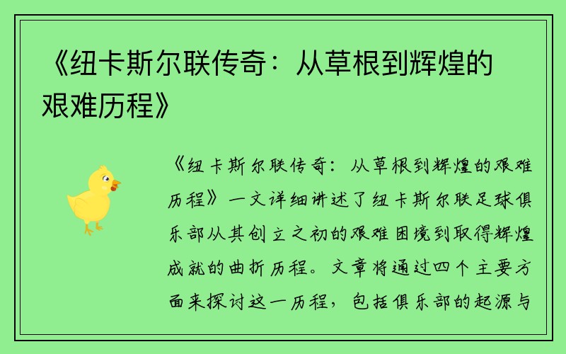 《纽卡斯尔联传奇：从草根到辉煌的艰难历程》