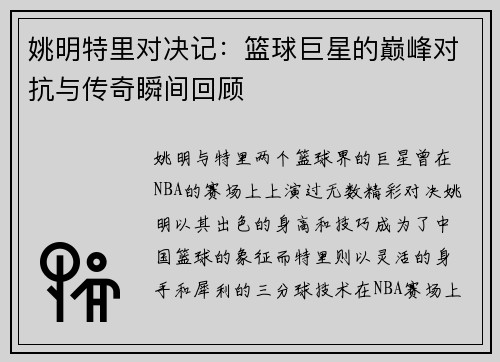 姚明特里对决记：篮球巨星的巅峰对抗与传奇瞬间回顾