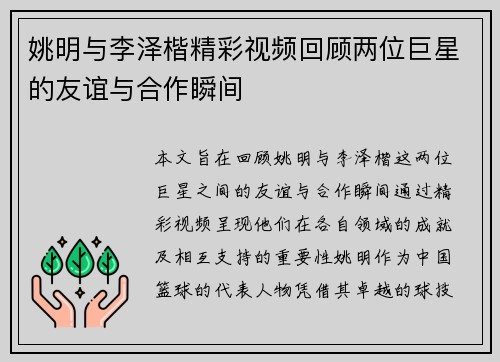 姚明与李泽楷精彩视频回顾两位巨星的友谊与合作瞬间
