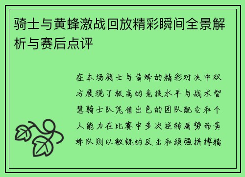 骑士与黄蜂激战回放精彩瞬间全景解析与赛后点评