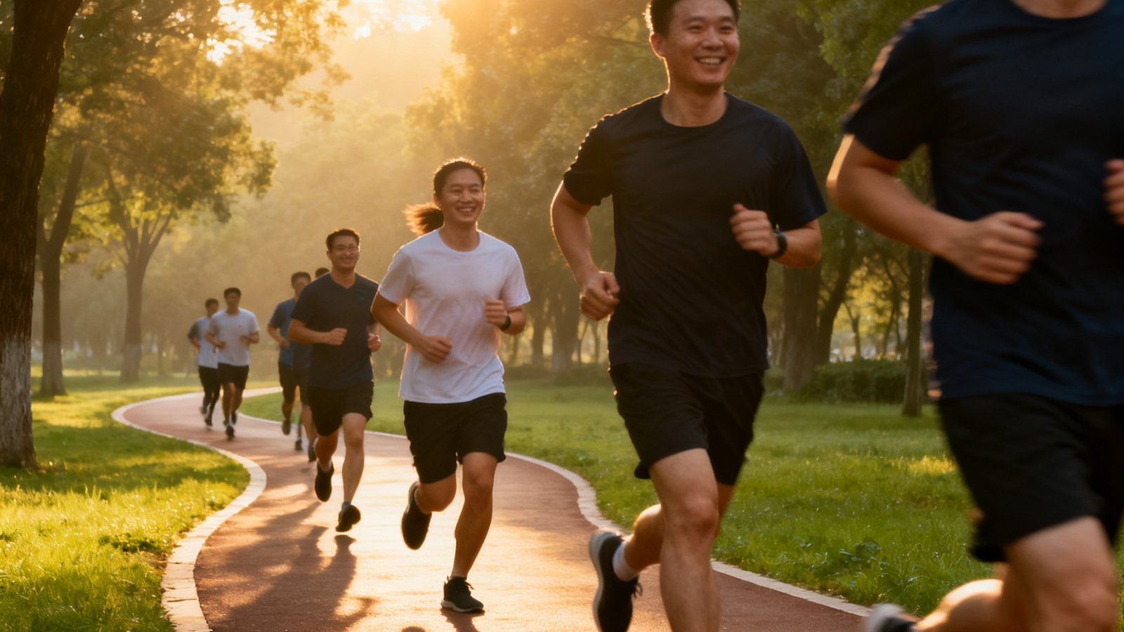 清晨公园绿道上企业员工们集体晨跑，阳光穿过树梢洒在蜿蜒的跑道上，参与者面带笑容步伐轻快